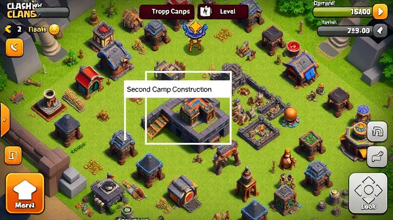 Interfaz Clash of Clans con campamento destacado