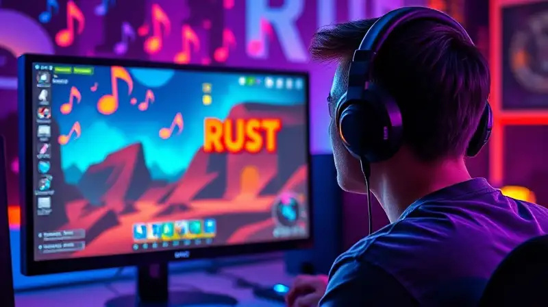 Gamer con auriculares juega Rust vibrante
