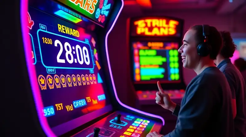 Máquina arcade con jugador y luces neón