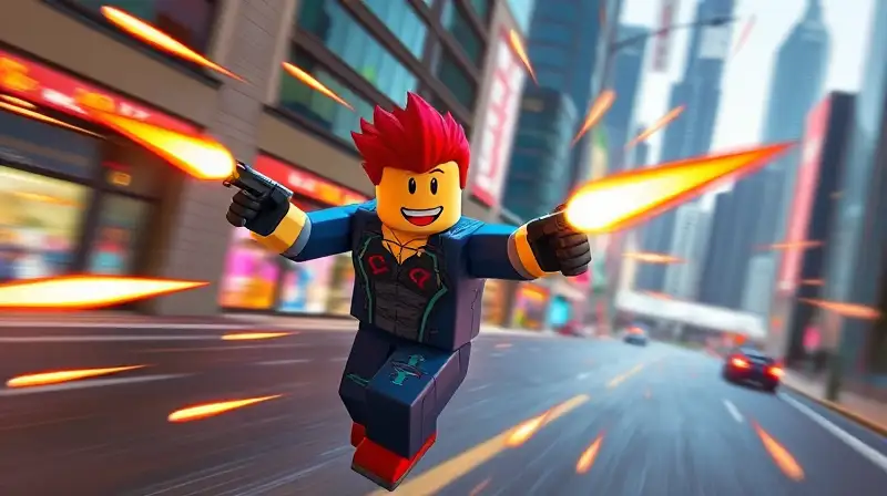 Personaje Roblox esquiva balas en ciudad