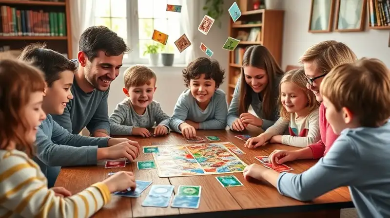Niños y adultos juegan juegos de mesa