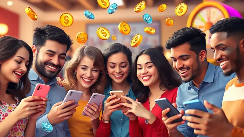 Grupo feliz compartiendo juego Coin Master