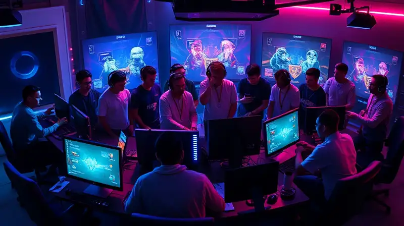 Clan gamer diverso en ambiente competitivo futurista