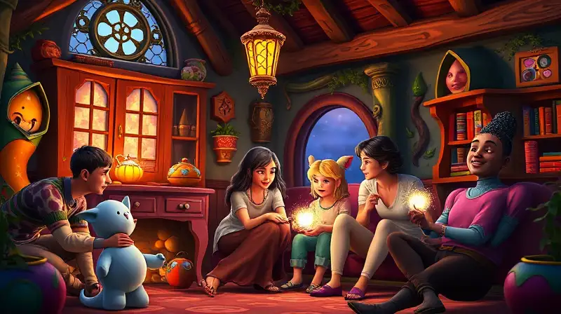 Familia mágica en hogar encantado y colorido