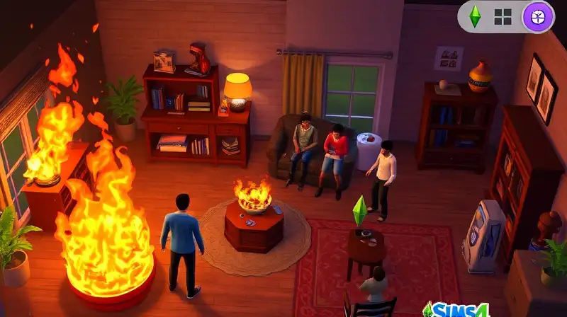 Incendio caótico en casa pixelada de Sims