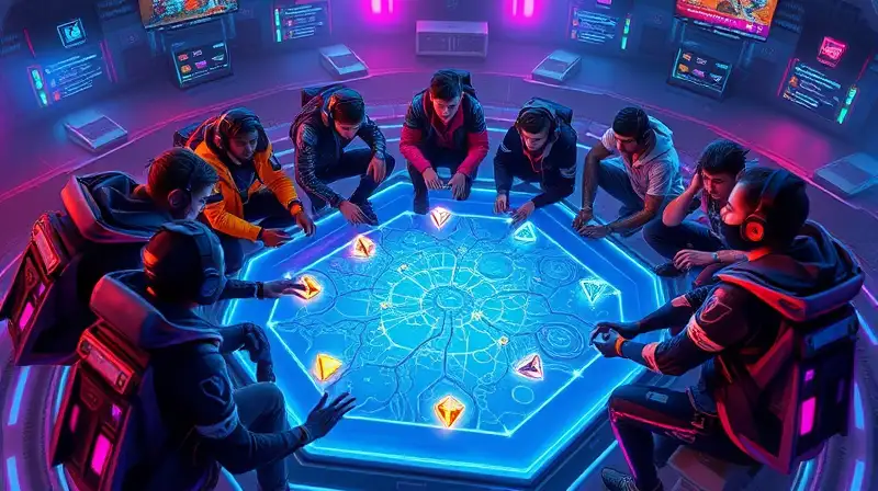 Equipo diverso planifica en arena futurista
