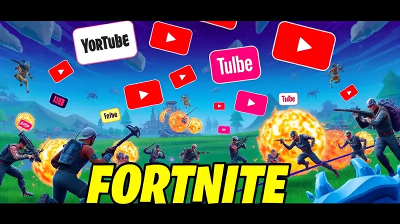 Escena vibrante de Fortnite con logos