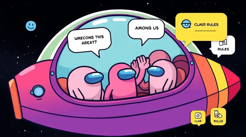 Personajes de Among Us en nave colorida