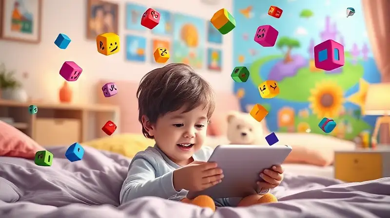 Niño juega en tablet con bloques coloridos