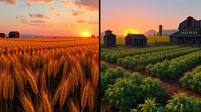 Ambiente Rust con campos agrícolas pixelados