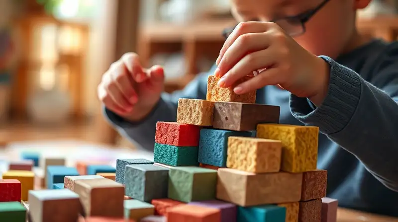 Niños construyen con bloques coloridos y texturizados