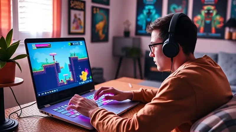 Gamer concentrado juega plataformas en laptop