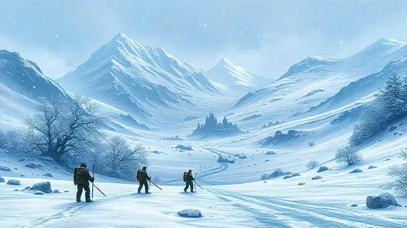 Paisaje helado con ruinas y frío intenso