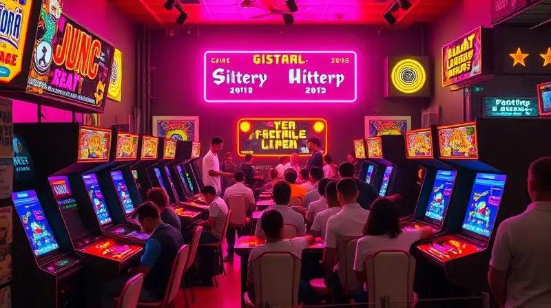Sala arcade retro con jugadores y luces
