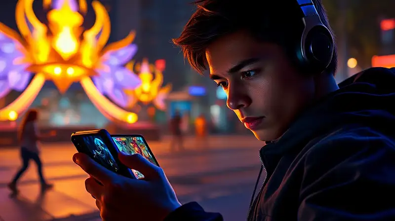 Jugador concentrado en Mobile Legends nocturno