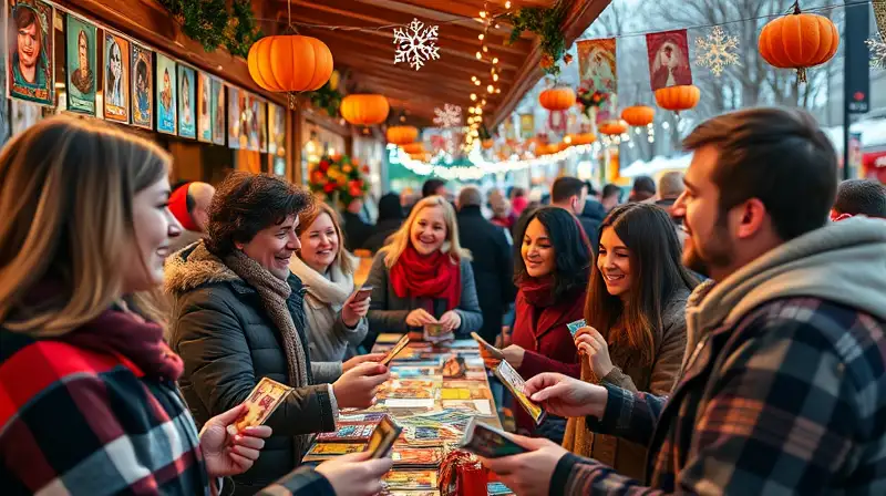 Puesto festivo con cartas y gente feliz