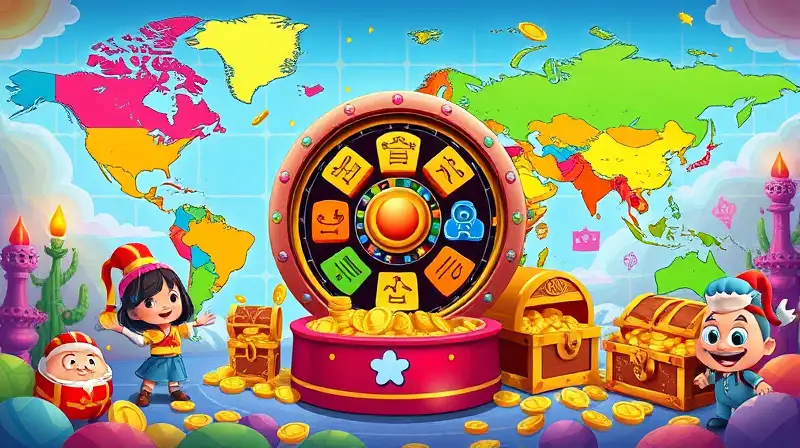 Mapa colorido con monedas y personajes animados
