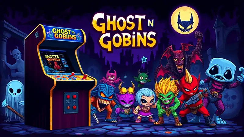 Cabinet arcade retro con fantasmas y demonios