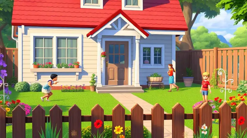 Casa Sims con jardín colorido y niños