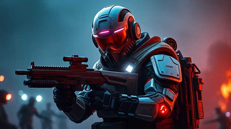Soldado futurista con armadura y armas energéticas