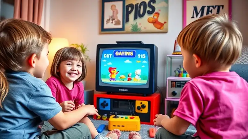 Niños juegan consola retro colorida feliz
