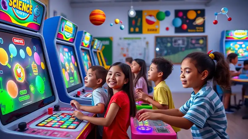 Niños juegan en arcades educativos coloridos
