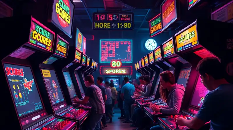 Máquinas arcade retro con jugadores concentrados