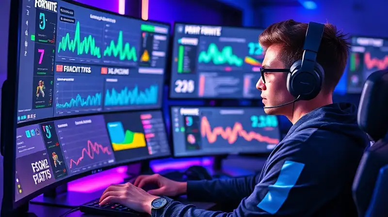 Gamer analiza estadísticas de Fortnite en setup futurista