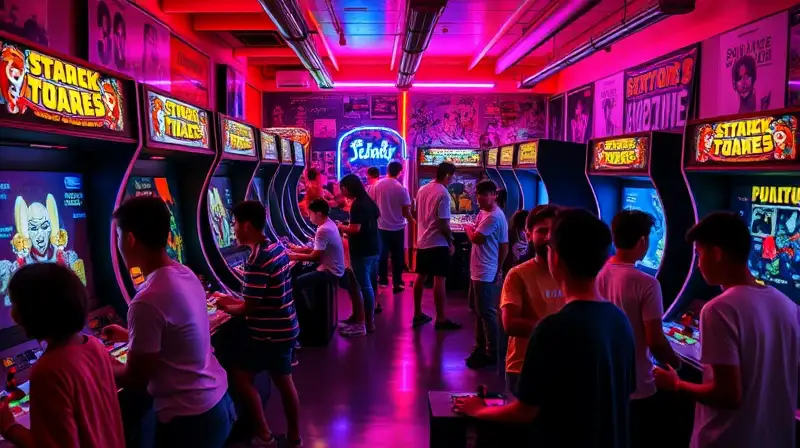 Máquinas arcade retro con luces y nostalgia