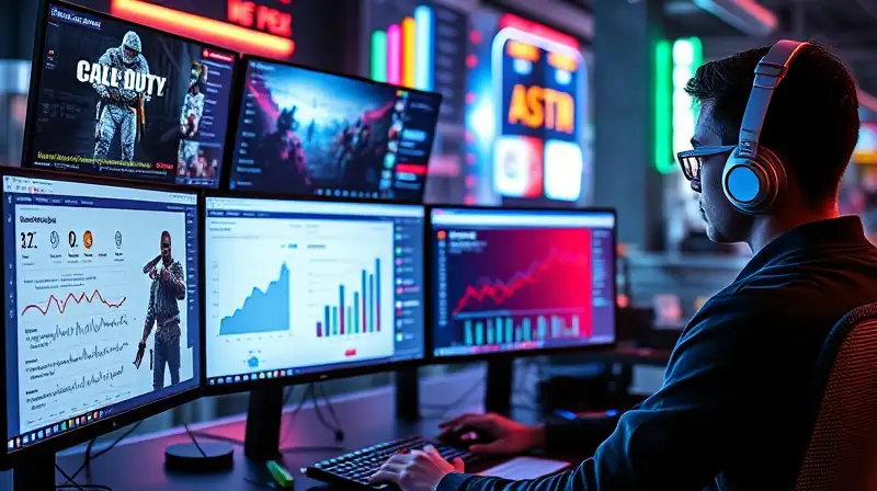 Profesional digital analiza campañas en entorno futurista