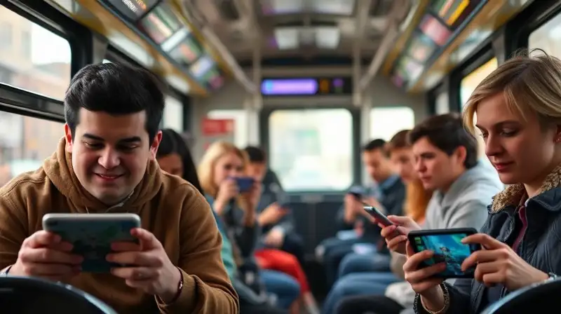Personas juegan móviles casuales en bus
