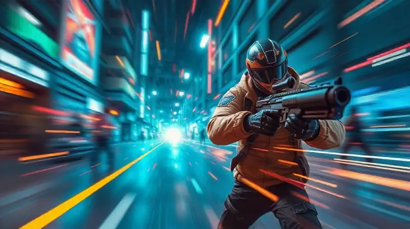 Combate FPS rápido en ciudad cyberpunk