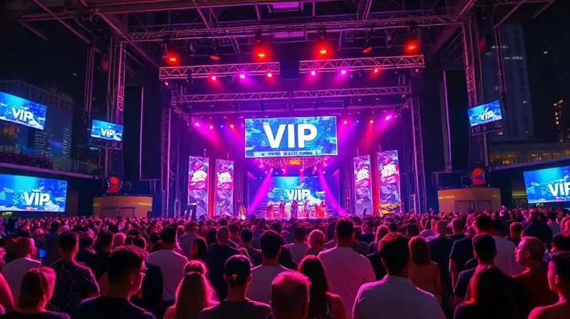 Escenario vibrante con público VIP y hologramas