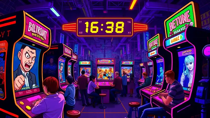 Pantalla arcade vibrante con jugadores intensos