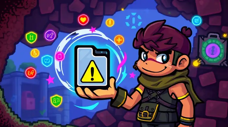 Personaje pixelado con íconos de seguridad