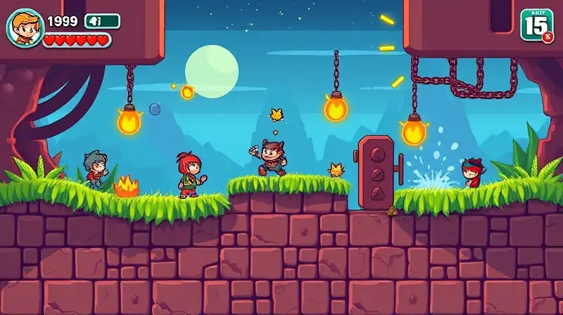 Escena retro 2D vibrante con animaciones