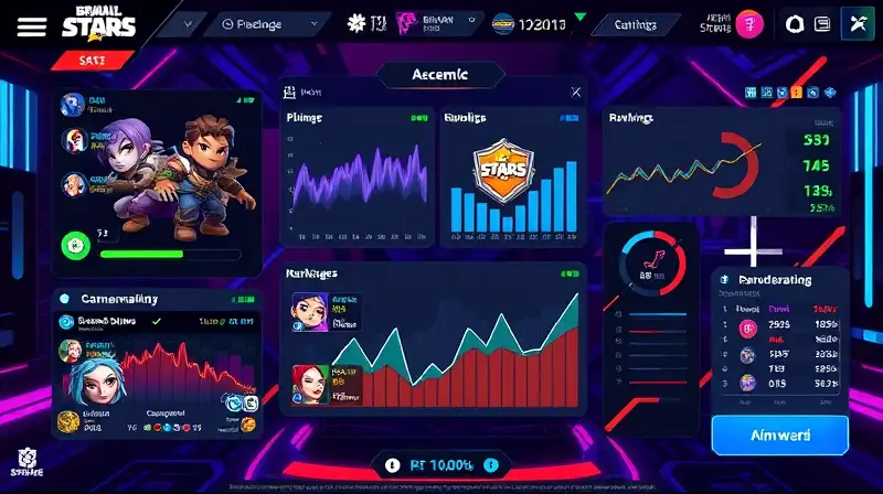 Interfaz futurista con estadísticas y personajes neón
