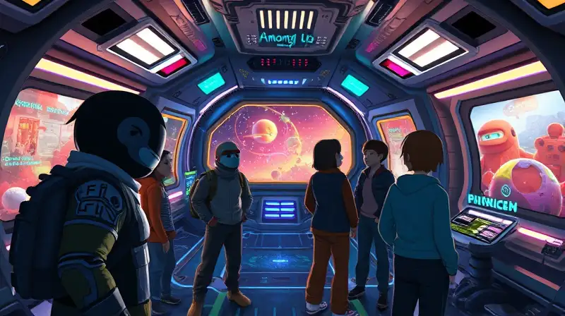 Personajes de Among Us en nave futurista