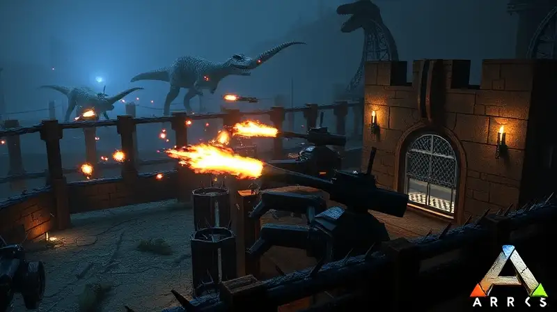 Base fortificada defiende ataque dinosaurios nocturno