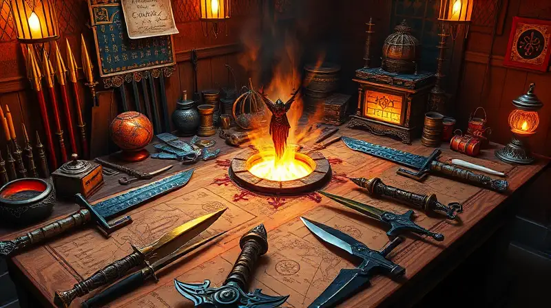 Mesa fantástica con armas mágicas brillantes