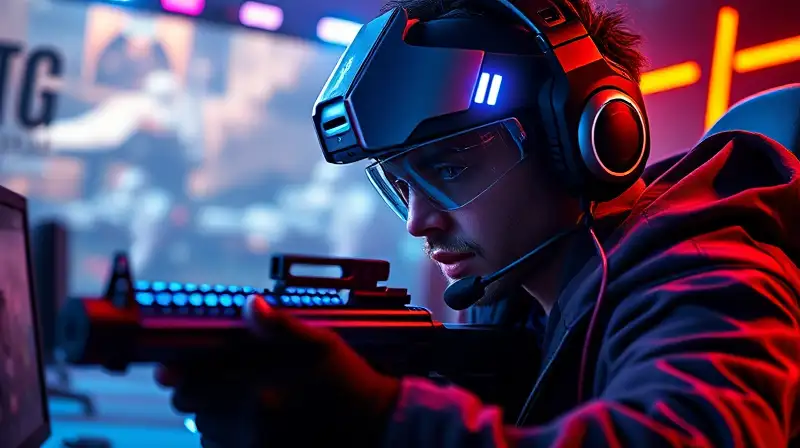 Gamer futurista con casco y armas holográficas