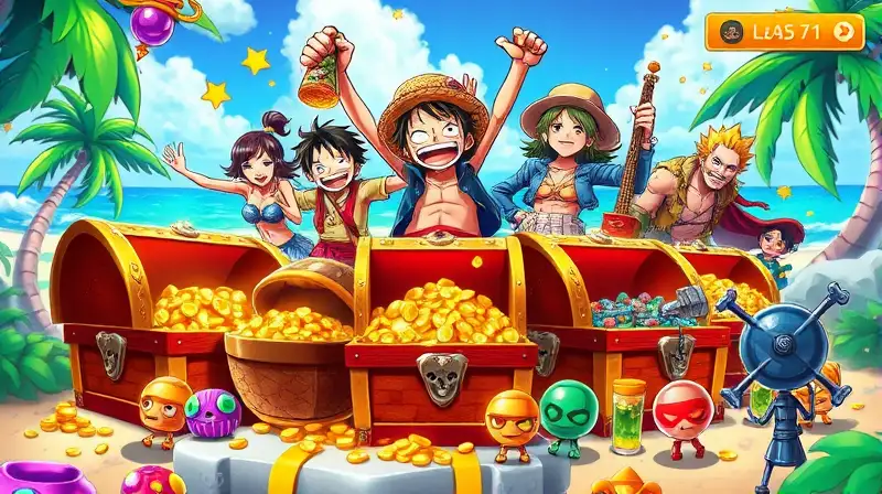 Tesoros brillantes y celebración aventurera en isla