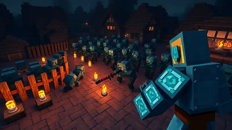 Jugador en Minecraft defiende pueblo de zombis