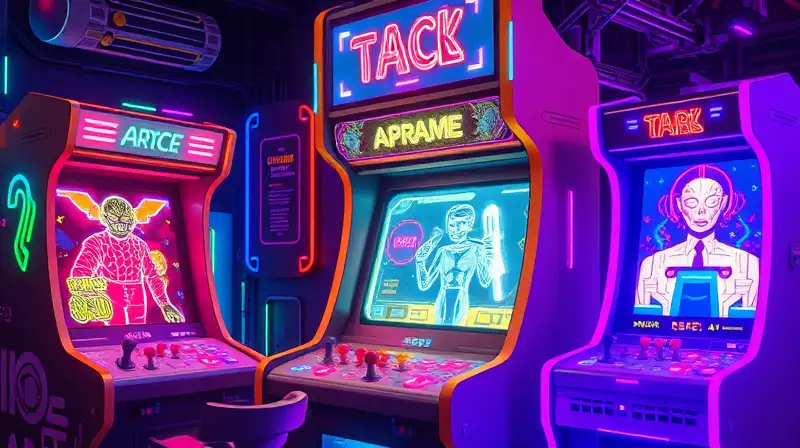 Máquina arcade futurista con luces y hologramas