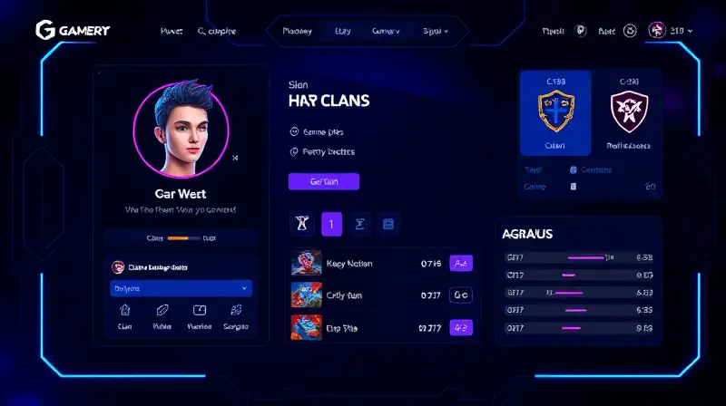 Pantalla gamer futurista con estadísticas y clan