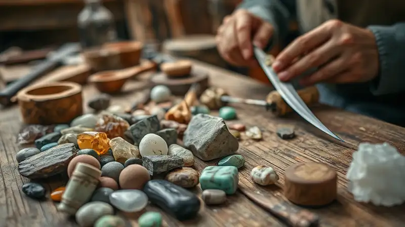 Manos artesanas trabajan minerales en taller