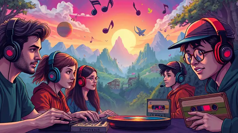 Jugadores diversos con música y paisajes retro