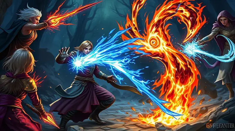 Personajes fantásticos lanzan magias en batalla