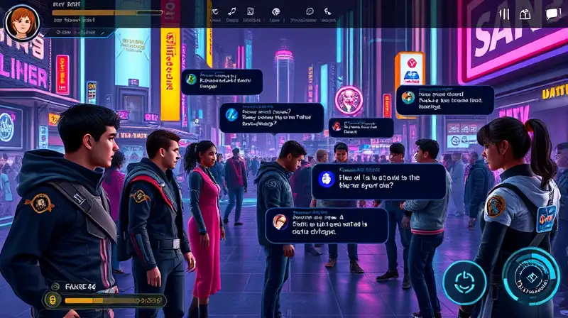 Interfaz futurista con NPCs y respuestas rápidas