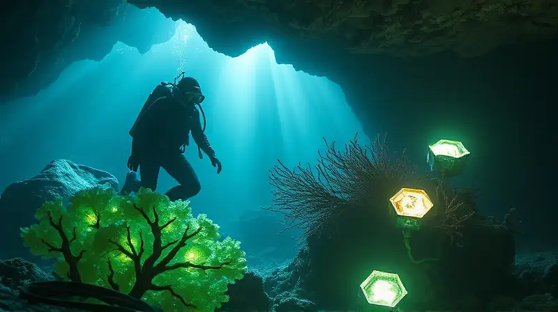 Exploración submarina con minerales bioluminiscentes misteriosos